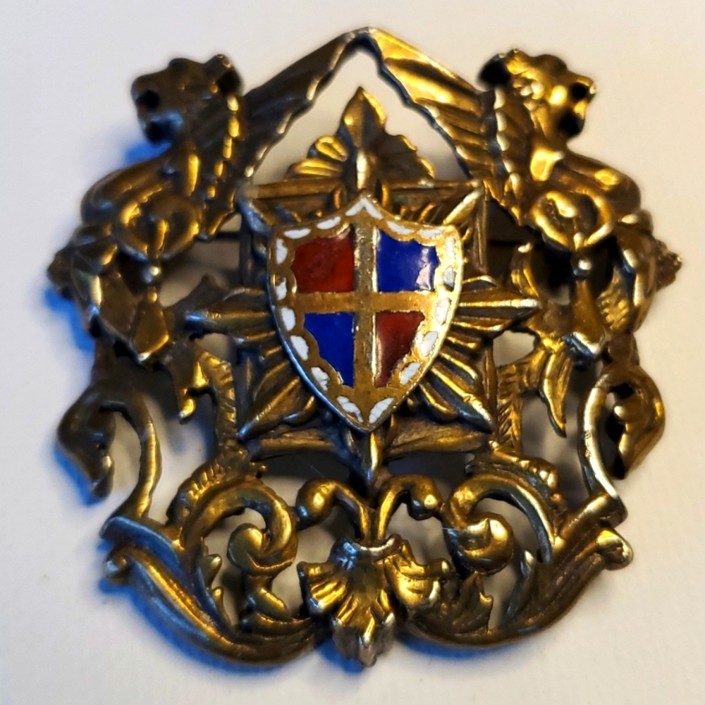 Vintage Heraldic Coat of Arms Shield Lioneheads Red & Blue Goldtone Metal Brooch